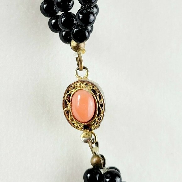 Vintage Black Agate & Angelskin Coral Multi-strand Necklace 28" 4Twisted Strands - Picture 9 of 12